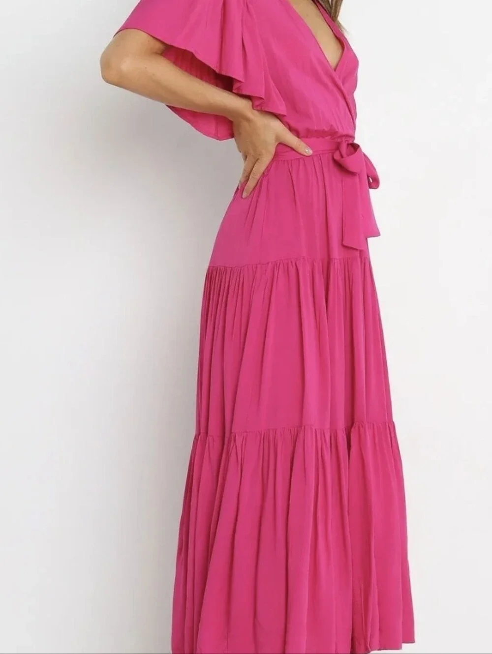 Petal & Pup Flutter Sleeve Wrap Midi Dress in Fuchsia - Picture 3 of 4